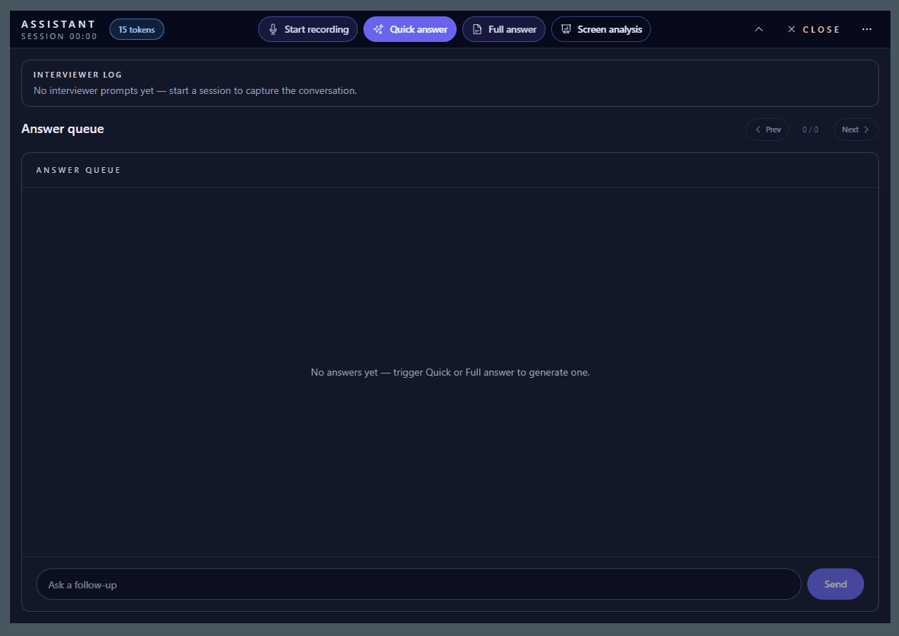 ApplicantAlly desktop interface showing quick answer, full answer, and screen analysis support